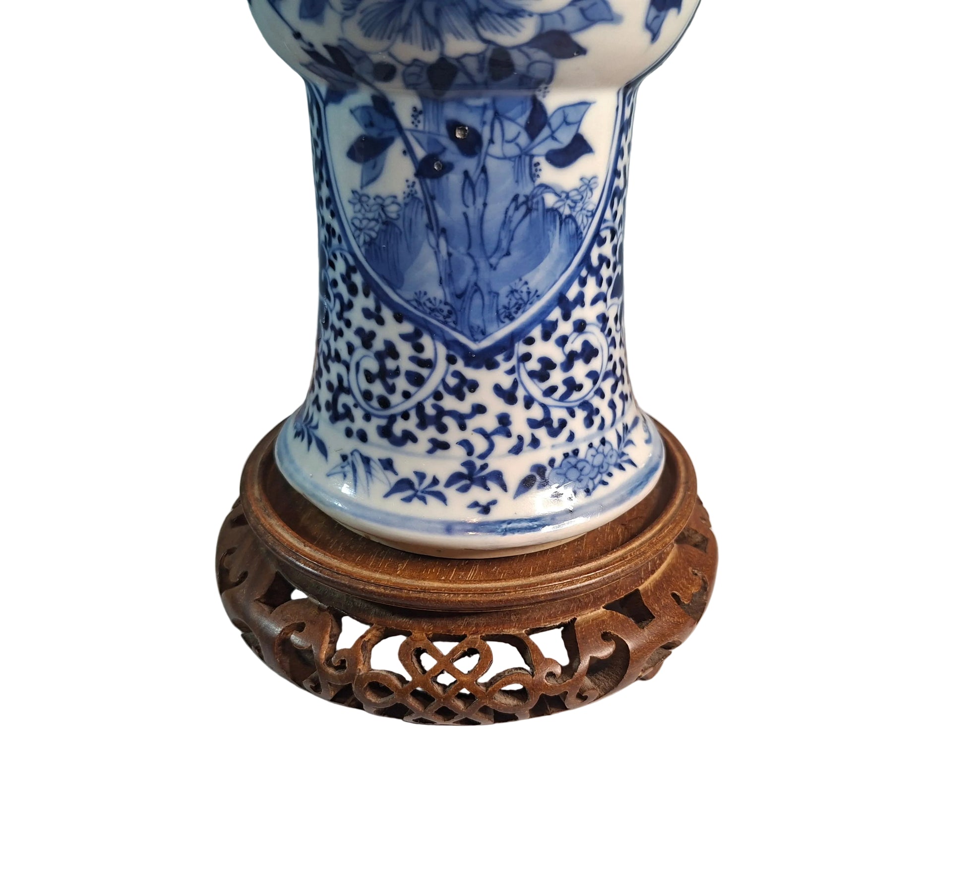 Antique Porcelain Vase Kangxi Style 19th Century Chinese Vase & Carved Stand