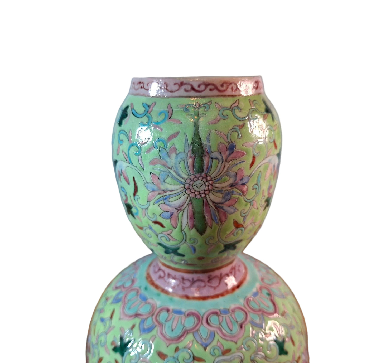 CHINESE ANTIQUE 19TH CENTURY  TURQUOISE-GROUND FAMILLE-ROSE DOUBLE-GOURD VASE DEPICTING 'LOTUS'