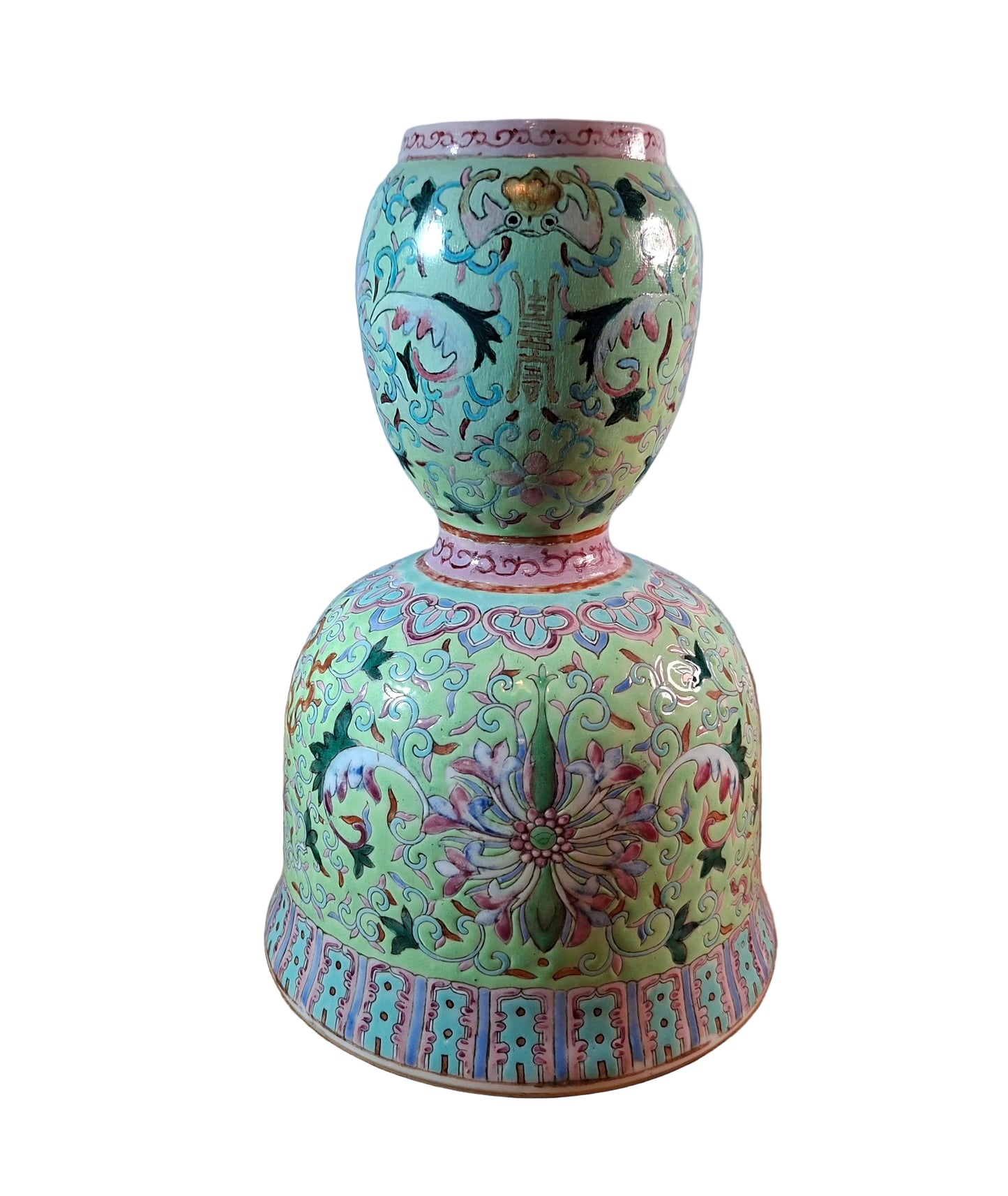 ANTIQUE CHINESE TURQUOISE-GROUND FAMILLE-ROSE DOUBLE-GOURD VASE DEPICTING 'LOTUS' & BATS