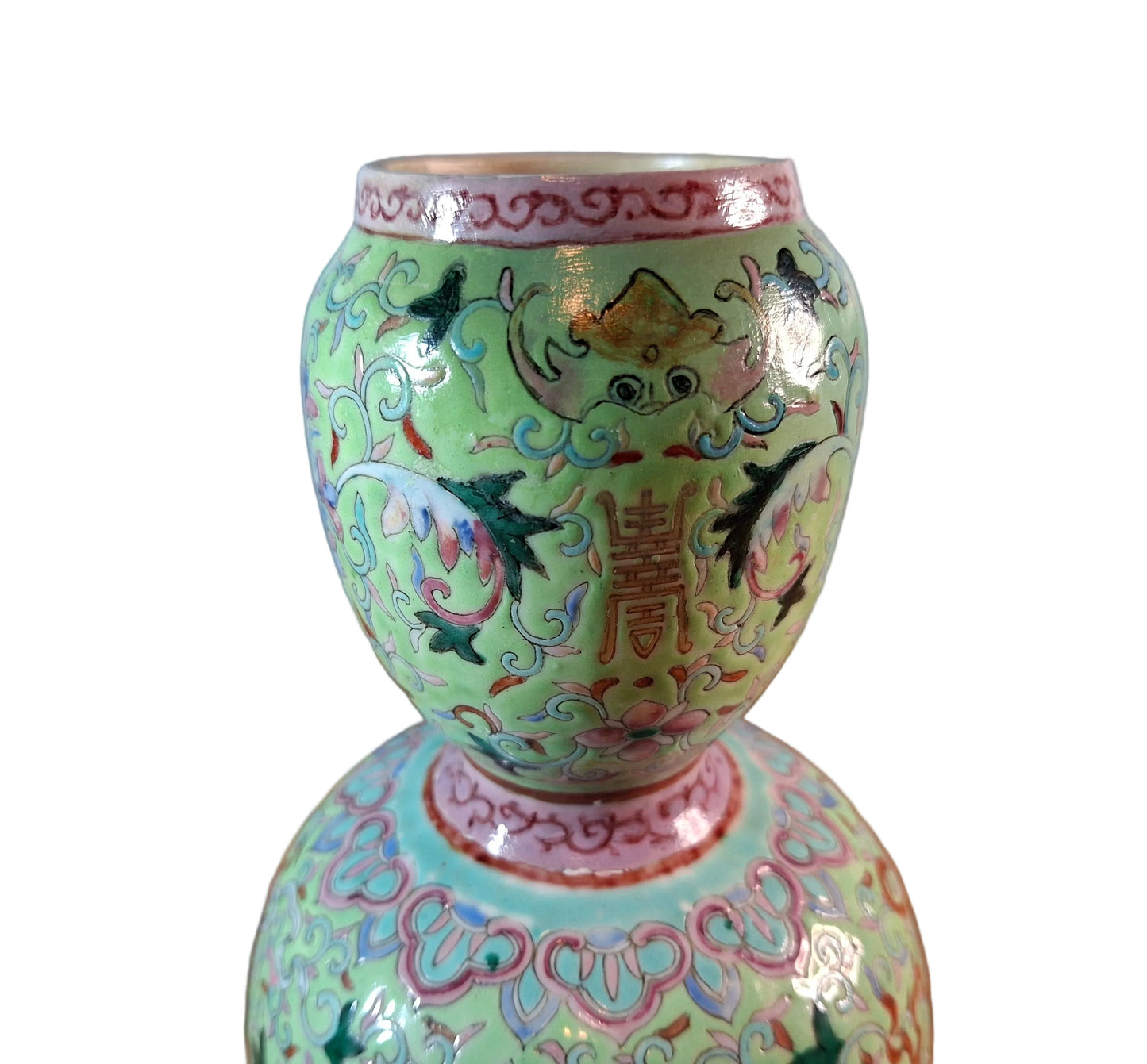 ANTIQUE BELL FORM CHINESE TURQUOISE-GROUND FAMILLE-ROSE DOUBLE-GOURD VASE DEPICTING 'LOTUS'