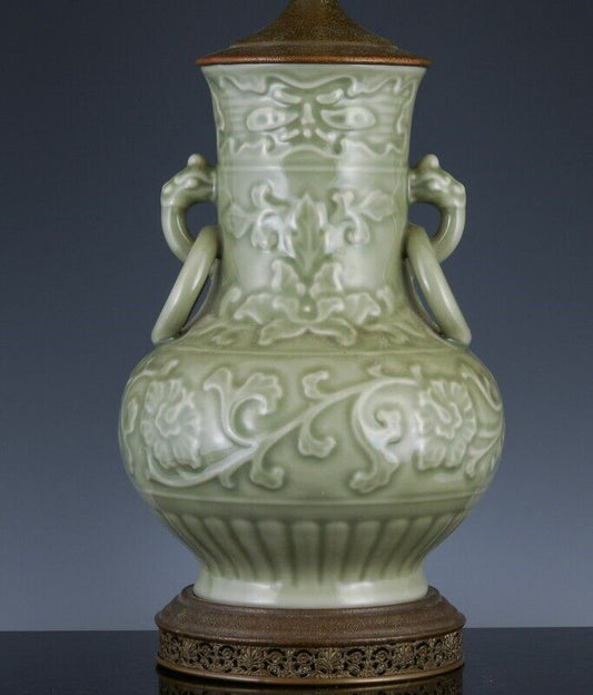 ANTIQUE CHINESE LONGQUAN CELADON GLAZE ARCHAISTIC CARVED VASE LAMP