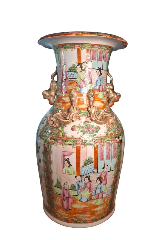 A Cantonese Porcelain Vase, 19th century,&nbsp;moulded to the collar with mythical beasts, painted in famille rose enamels with panels of figures and birds