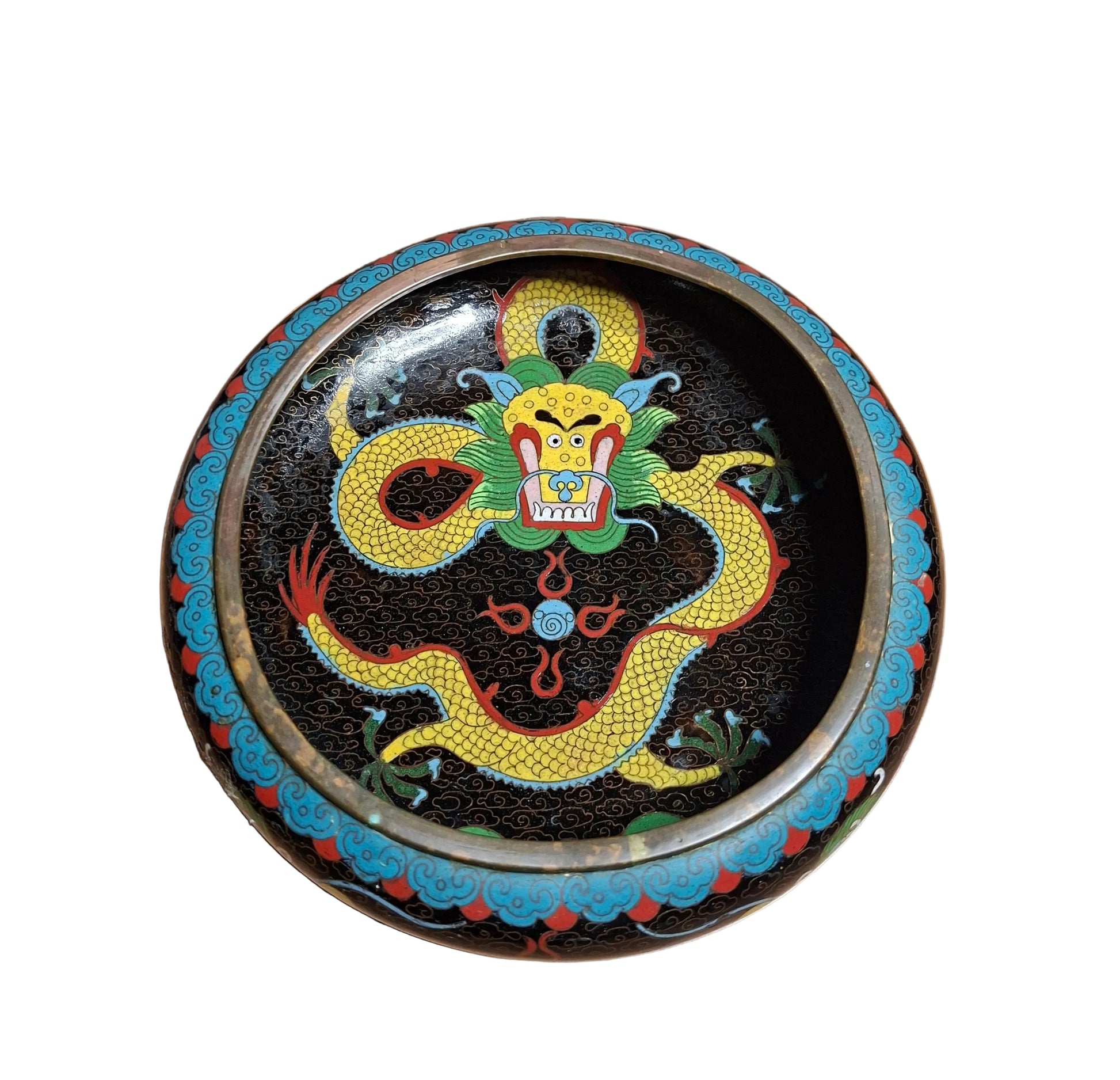 A stunning vintage cloisonne low brass bowl with a dynamic dragon motif