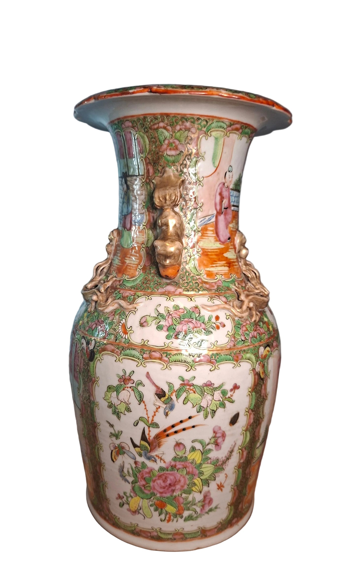 A Chinese Porcelain Vase with mythical beasts, painted in famille rose enamels with panels of figures and birds