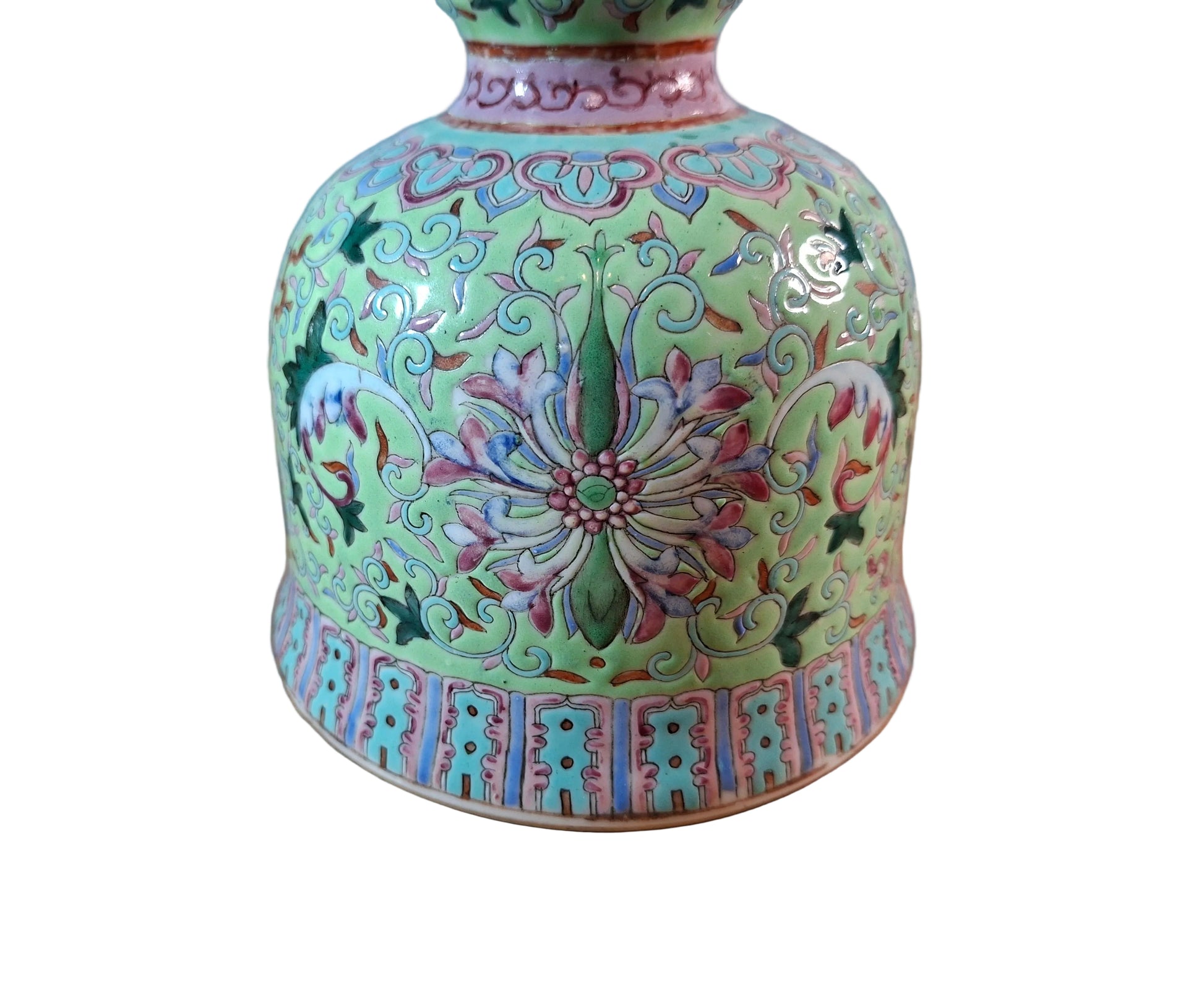 BELL FORM CHINESE TURQUOISE-GROUND FAMILLE-ROSE DOUBLE-GOURD VASE DEPICTING 'LOTUS'
