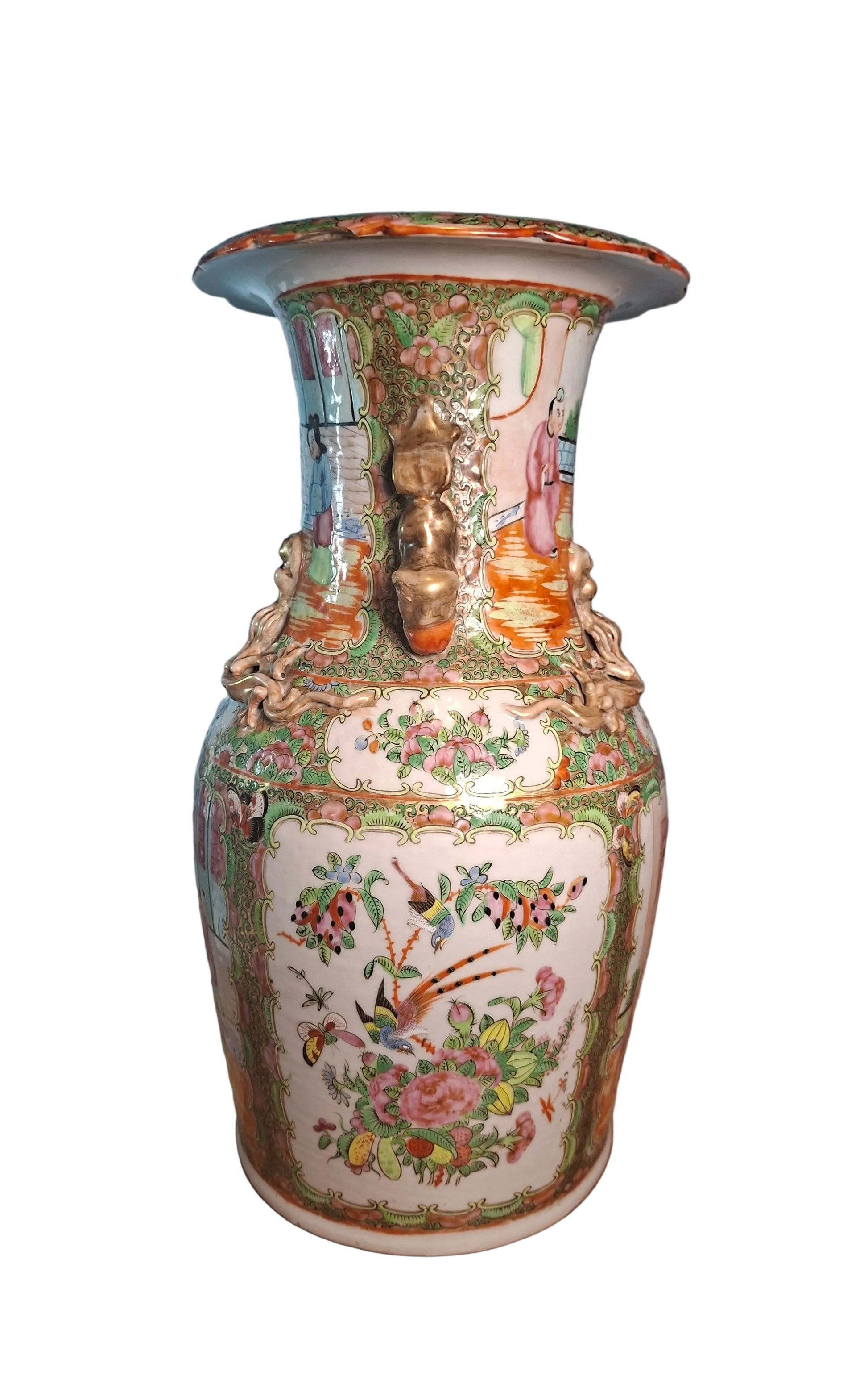 A Cantonese Porcelain Vase, 19th century with mythical beasts, painted in famille rose enamels with panels of figures and birds