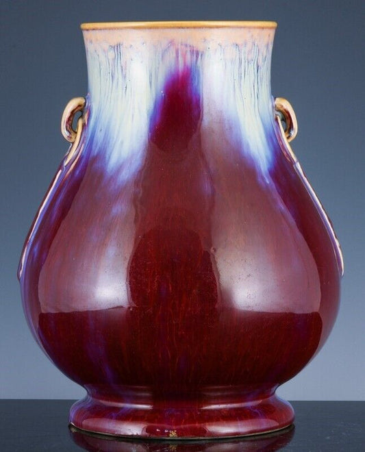 RARE ANTIQUE CHINESE RED BLUE FLAMBE GLAZE HANDLED HU VASE YONGZHENG SEAL