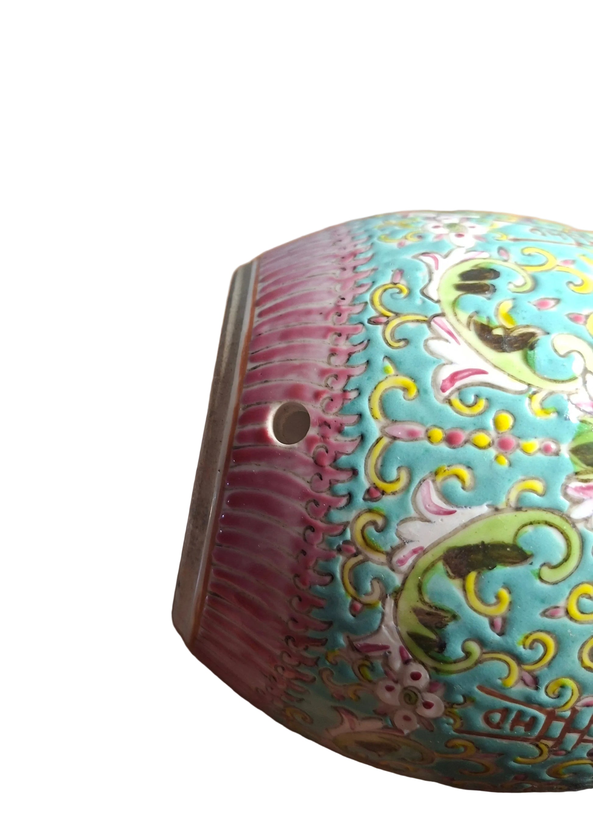 Famille Rose design vase with a turquoise background and a Mun Shou floral design