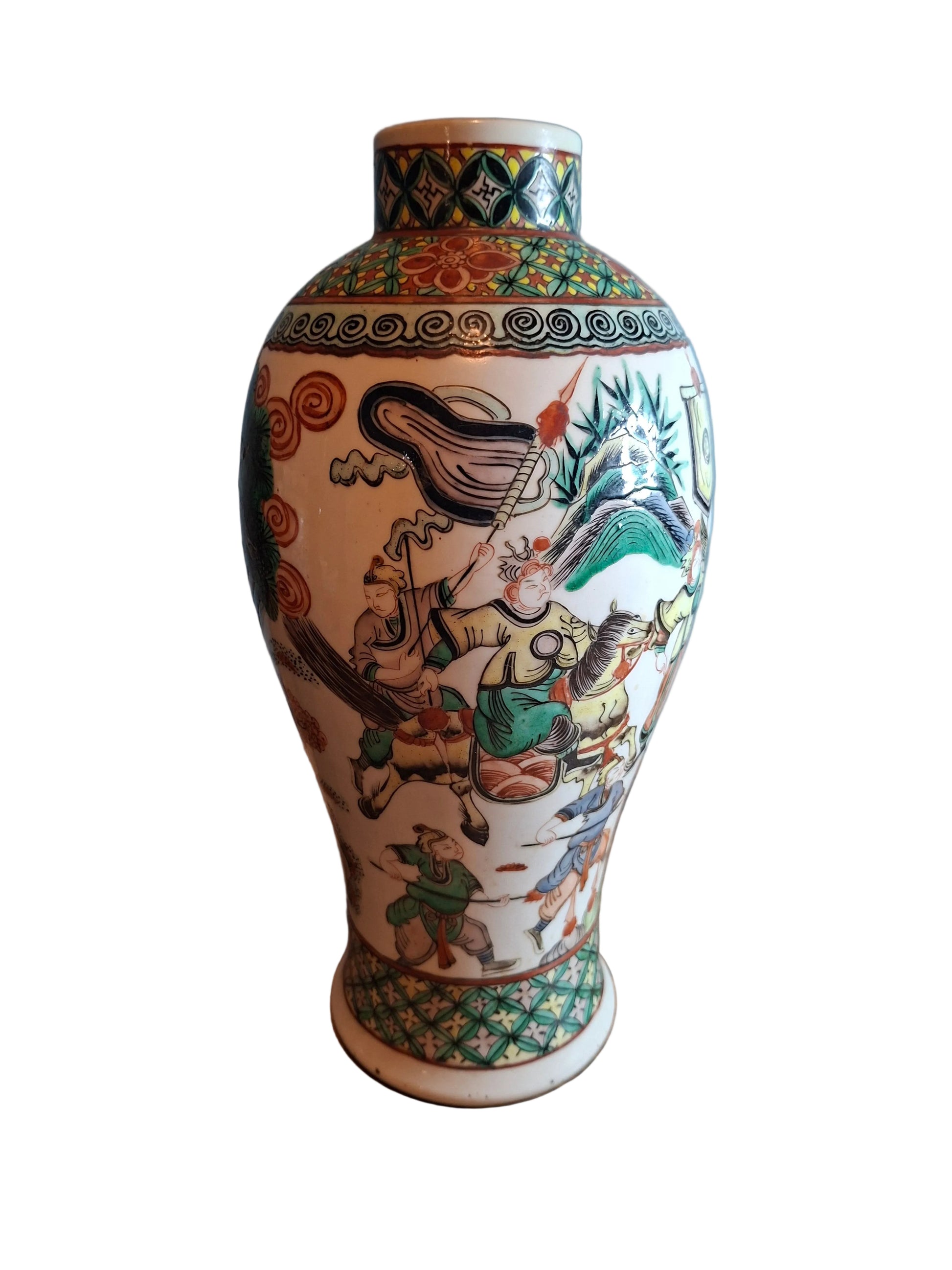 Chinese famille vert Porcelain vase dateing to the 19th century painted with chinese figures and horses 