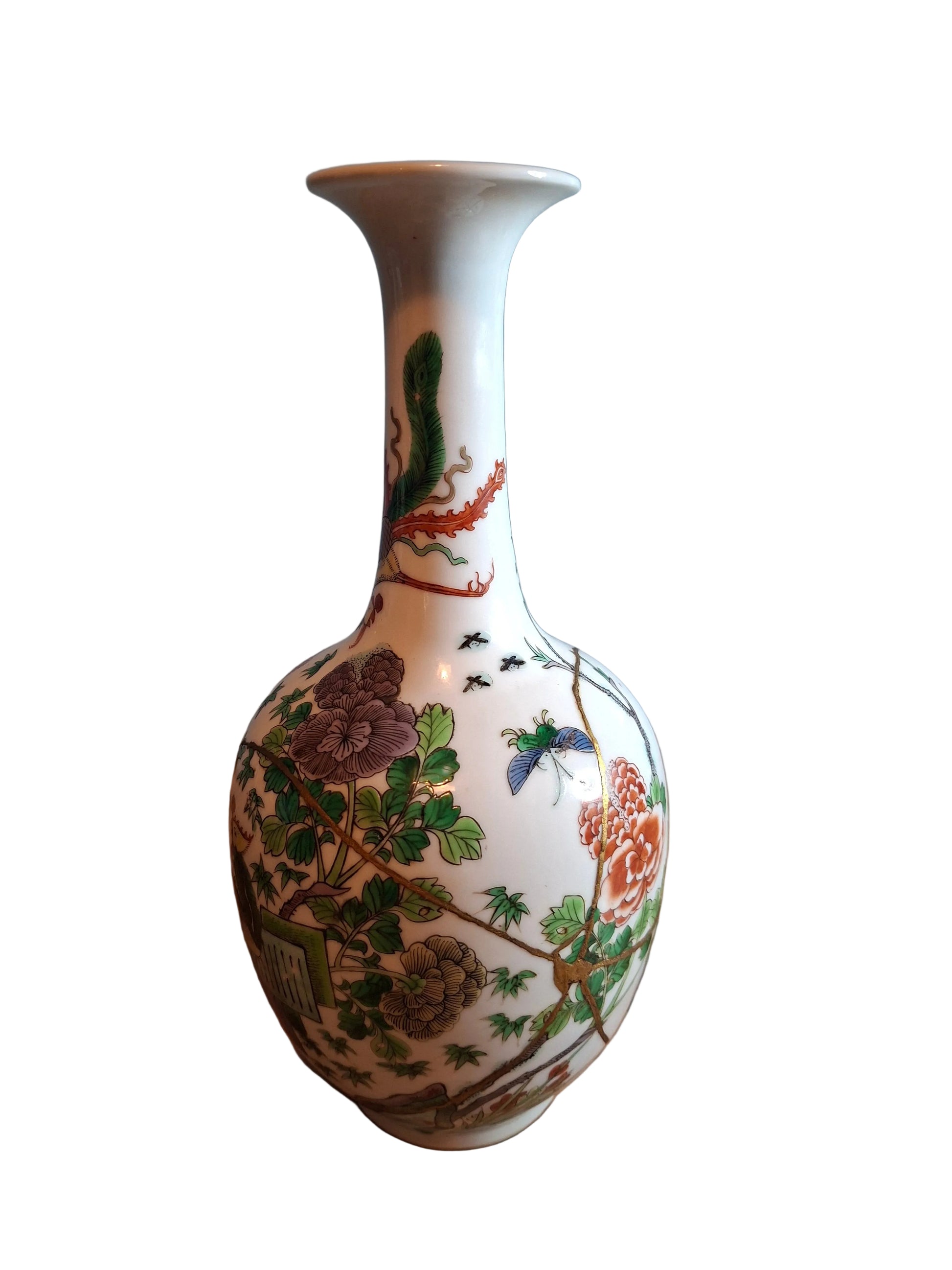 Antique Chinese Porcelain Vase decorated with birds and butterflys in the famille vert colours