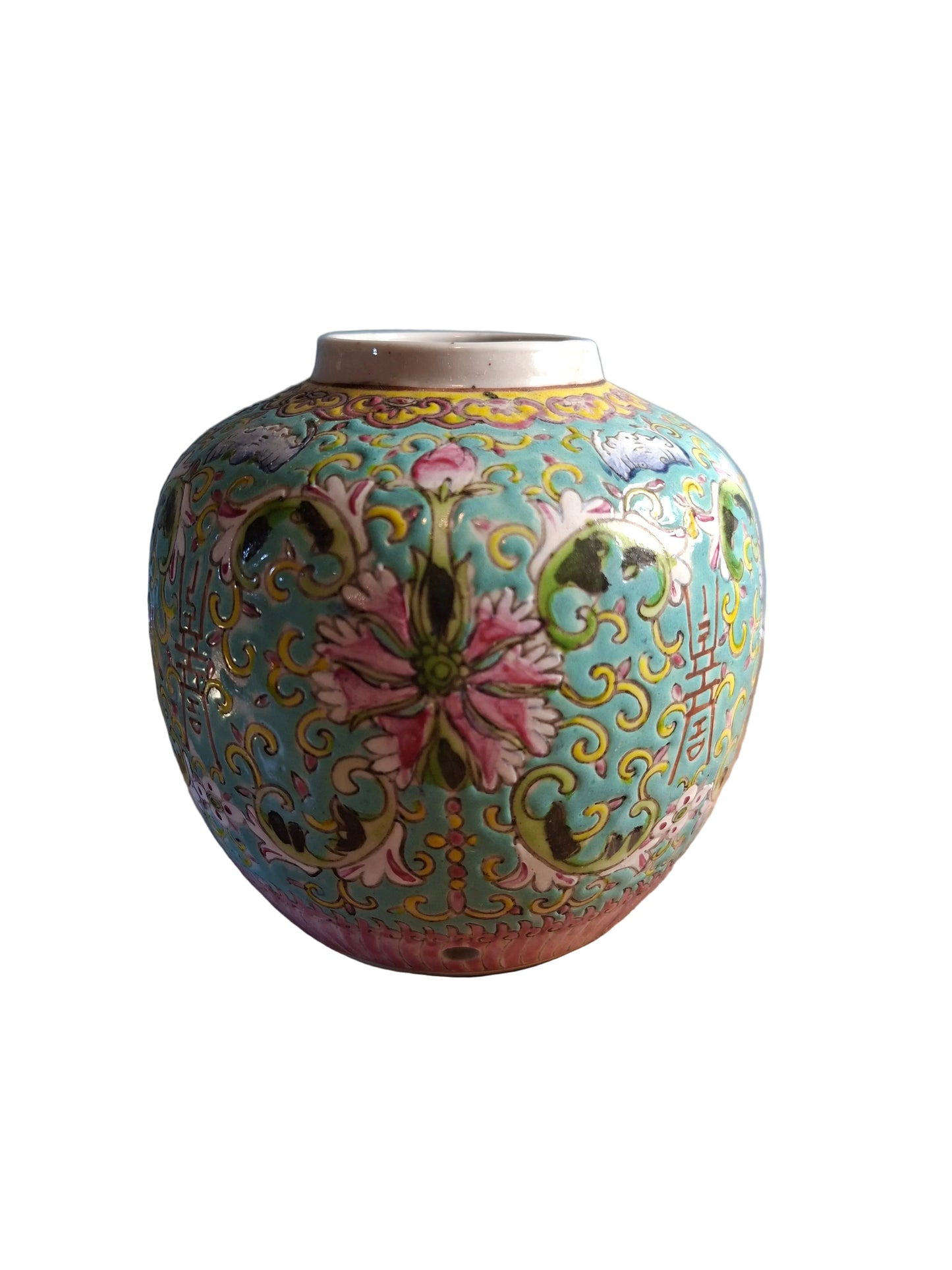 Famille Rose Ginger Jar with a turquoise background and a Mun Shou floral design