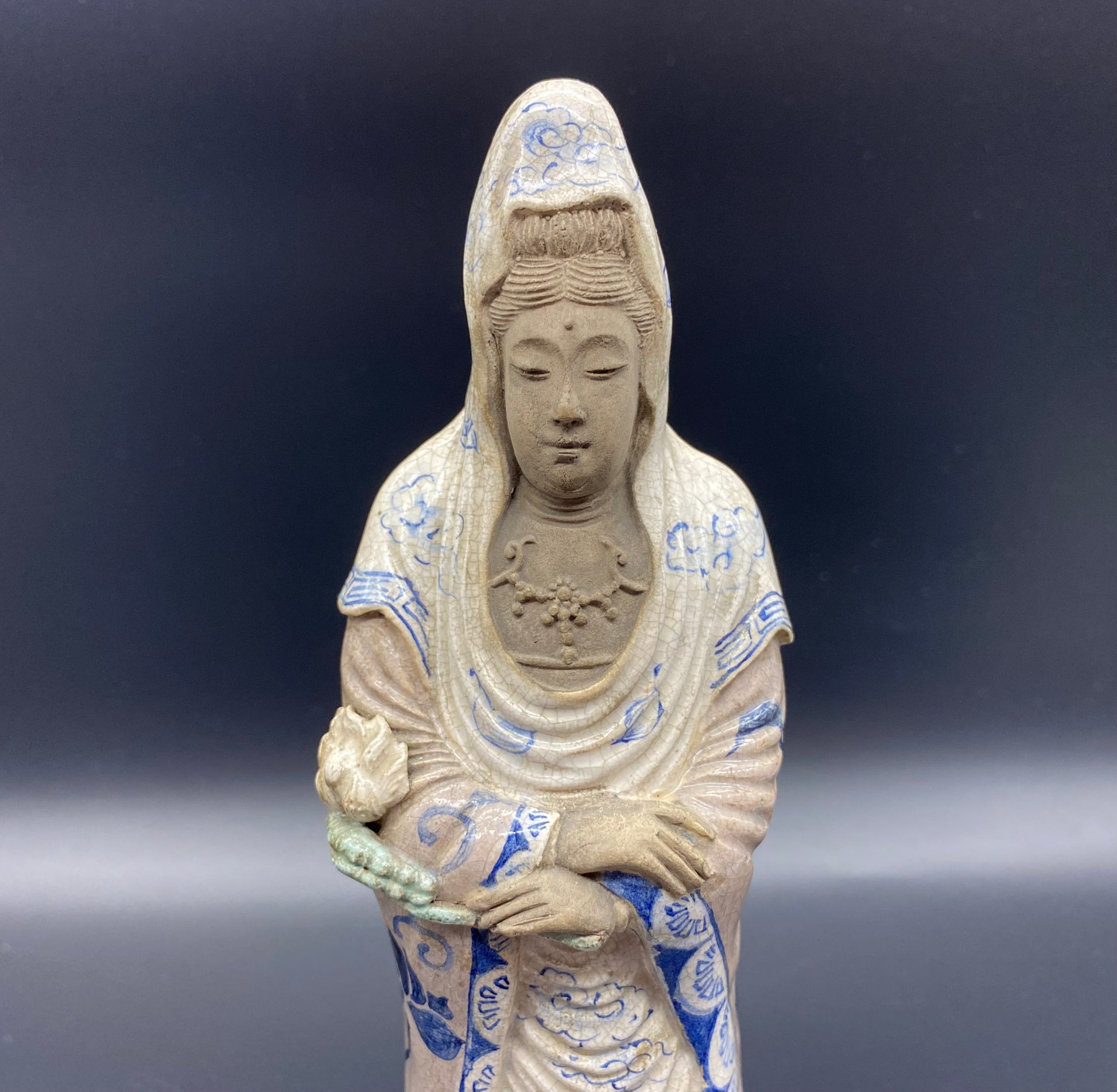RARE Unusual & Extremely well Modelled Japanese Edo Period Crackle Were Guan Yin Pottery Figurine ANTIQUES ONLINE USA 