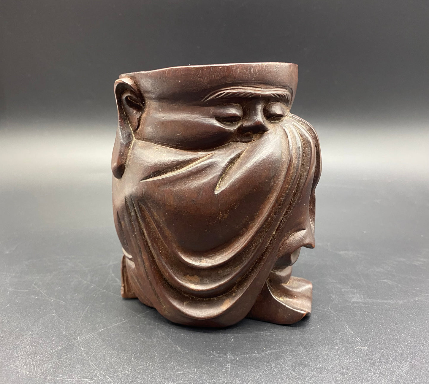 Chinese carved hardwood brush pot, carved wood figure