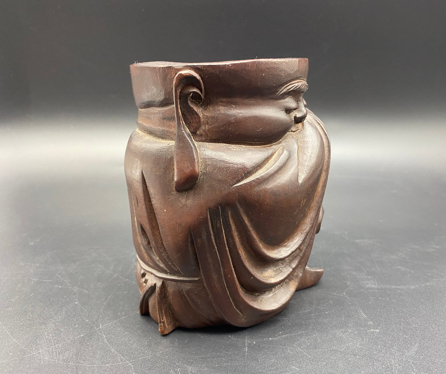 Chinese carved hardwood brush pot, carved wood figure