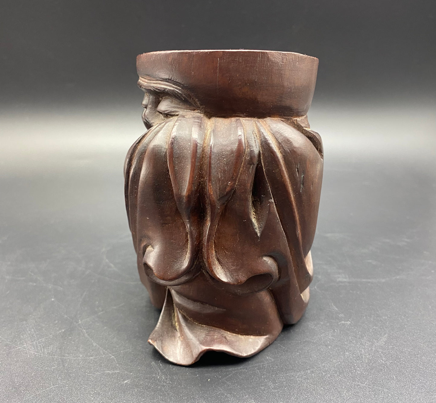 Chinese carved hardwood brush pot, carved wood figure