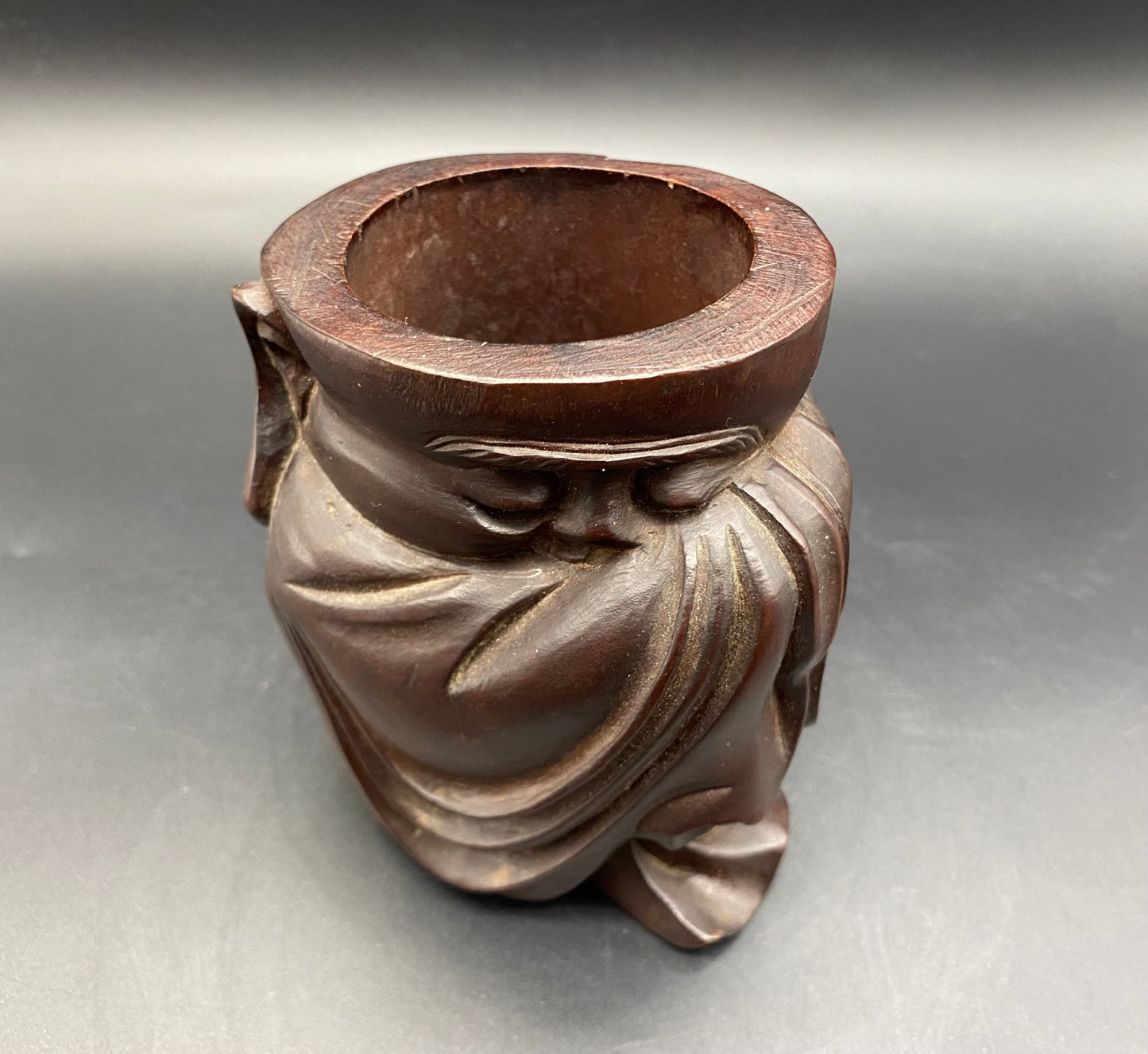 Chinese carved hardwood brush pot, carved wood figure