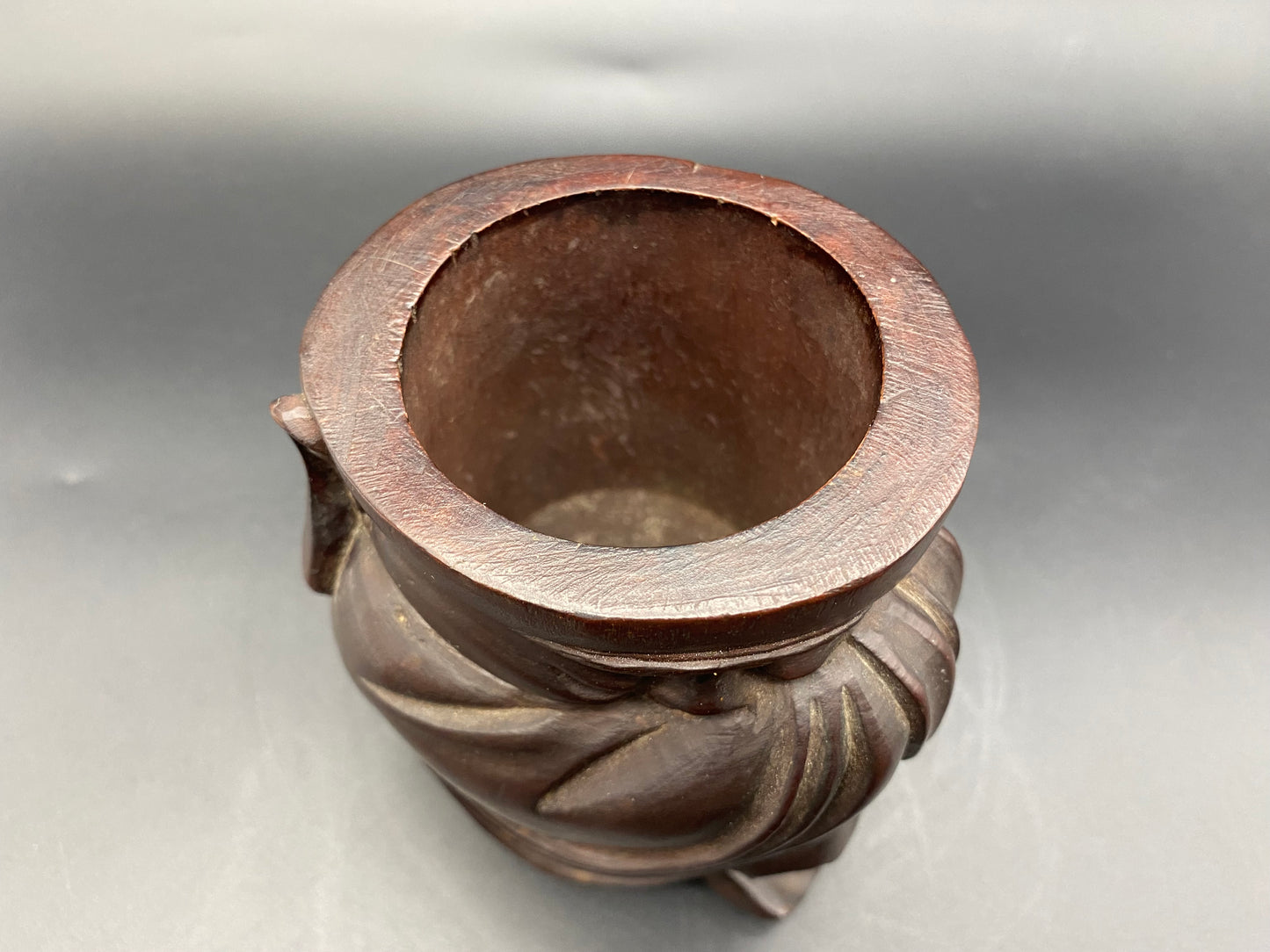 Chinese carved hardwood brush pot, carved wood figure