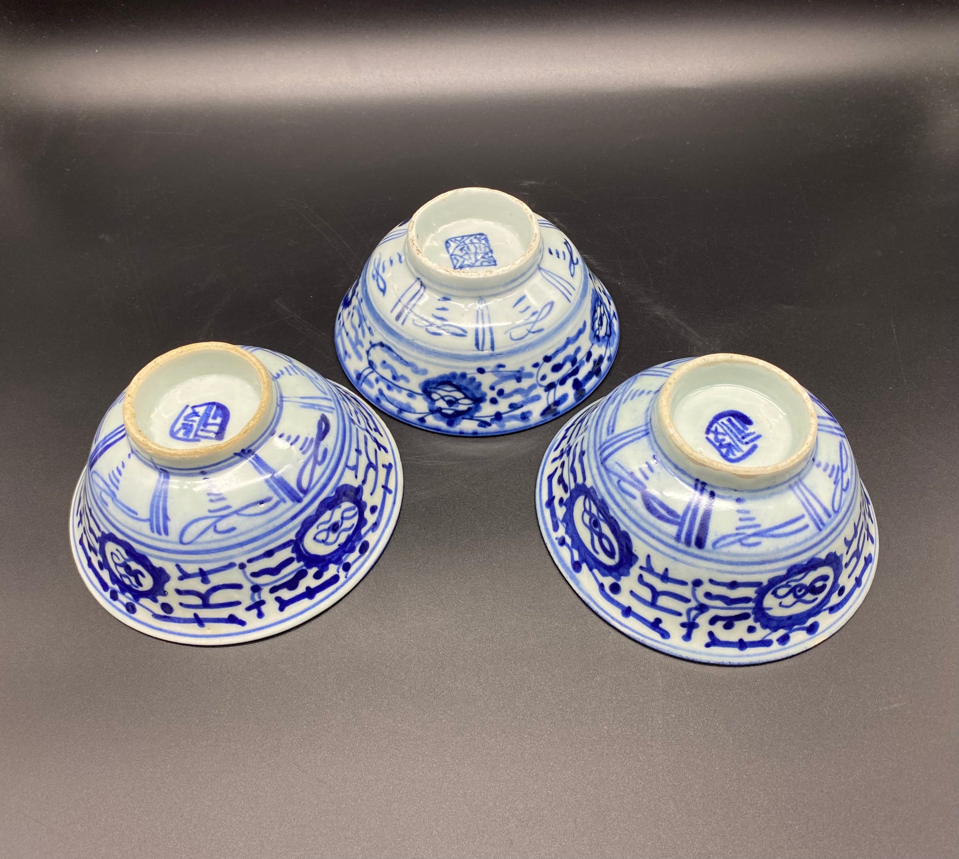 Antique Chinese Porcelain - Three Chinese Provencal Blue & White Qing Porcelain Bowls 18th Century 