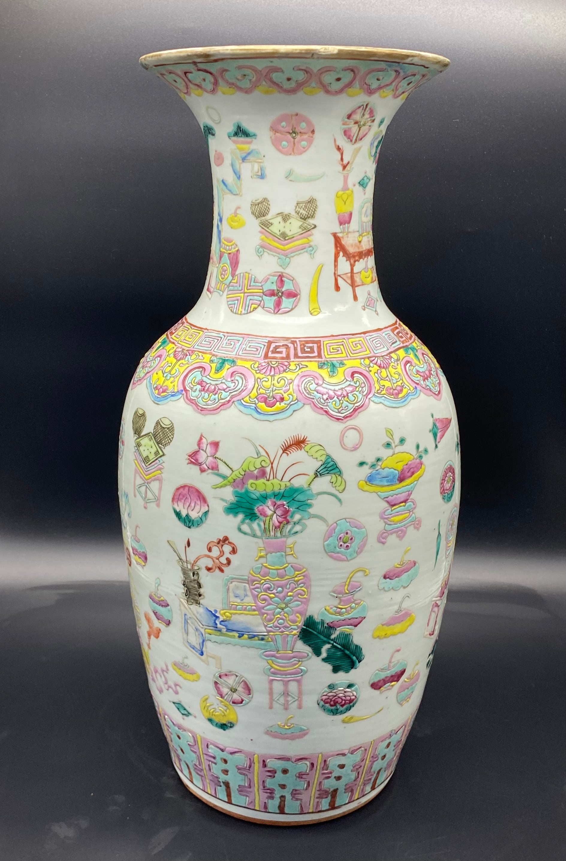 Antiques & Collectables - Large Chinese famille rose decorated vase very well painted with brightly Coloured Enamels, scholars object and flower ball decoration.