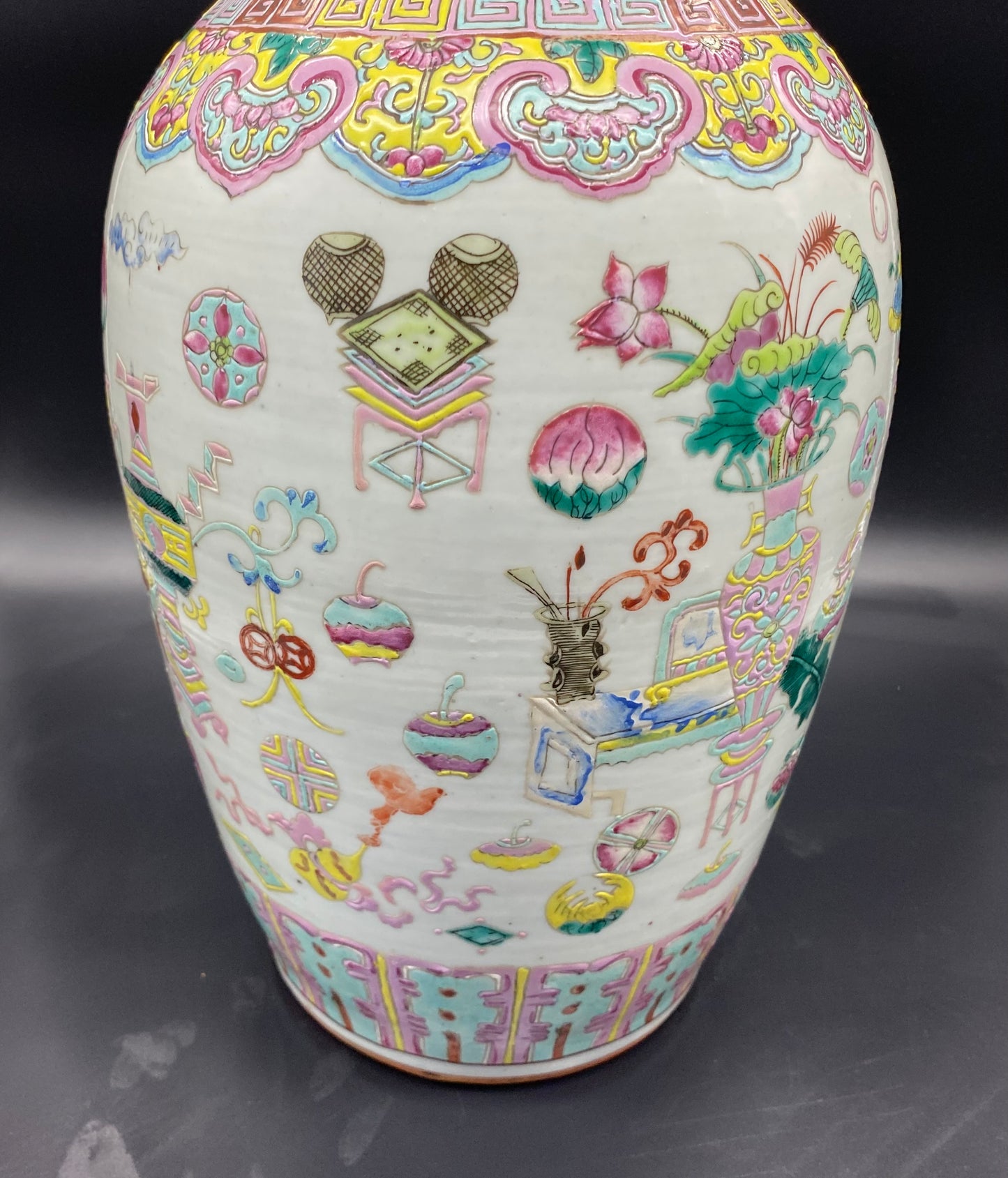 Large Chinese famille rose decorated vase very well painted with brightly Coloured Enamels, scholars object and flower ball decoration. KB Antiques & Watches Online