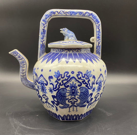 Antique Chinese hand painted blue and white porcelain covered teapot decorated with Fish scenes and frog lid