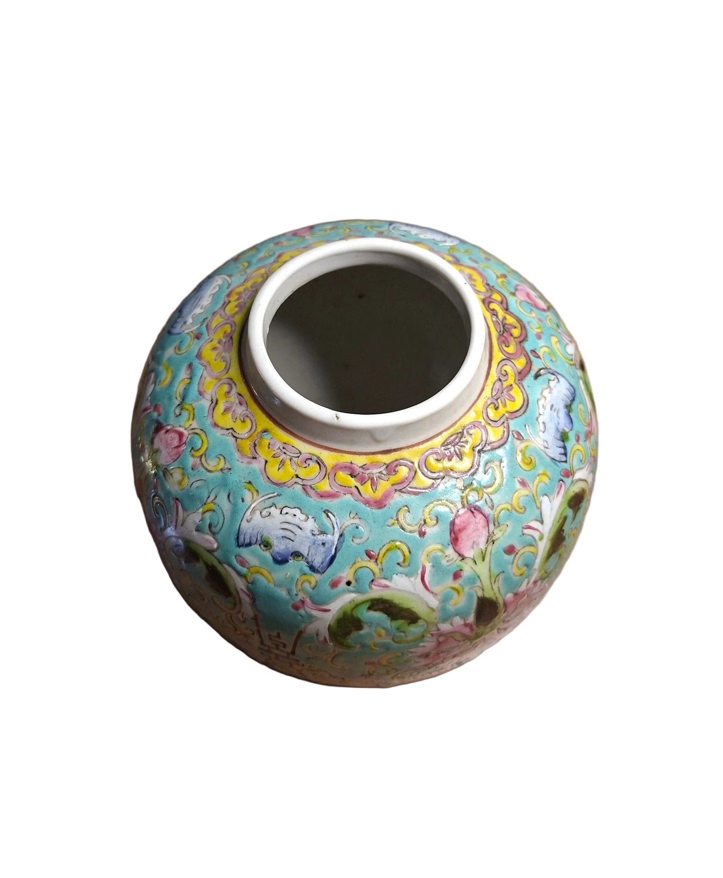 Famille Rose porcelain vase with a turquoise background and a Mun Shou floral design