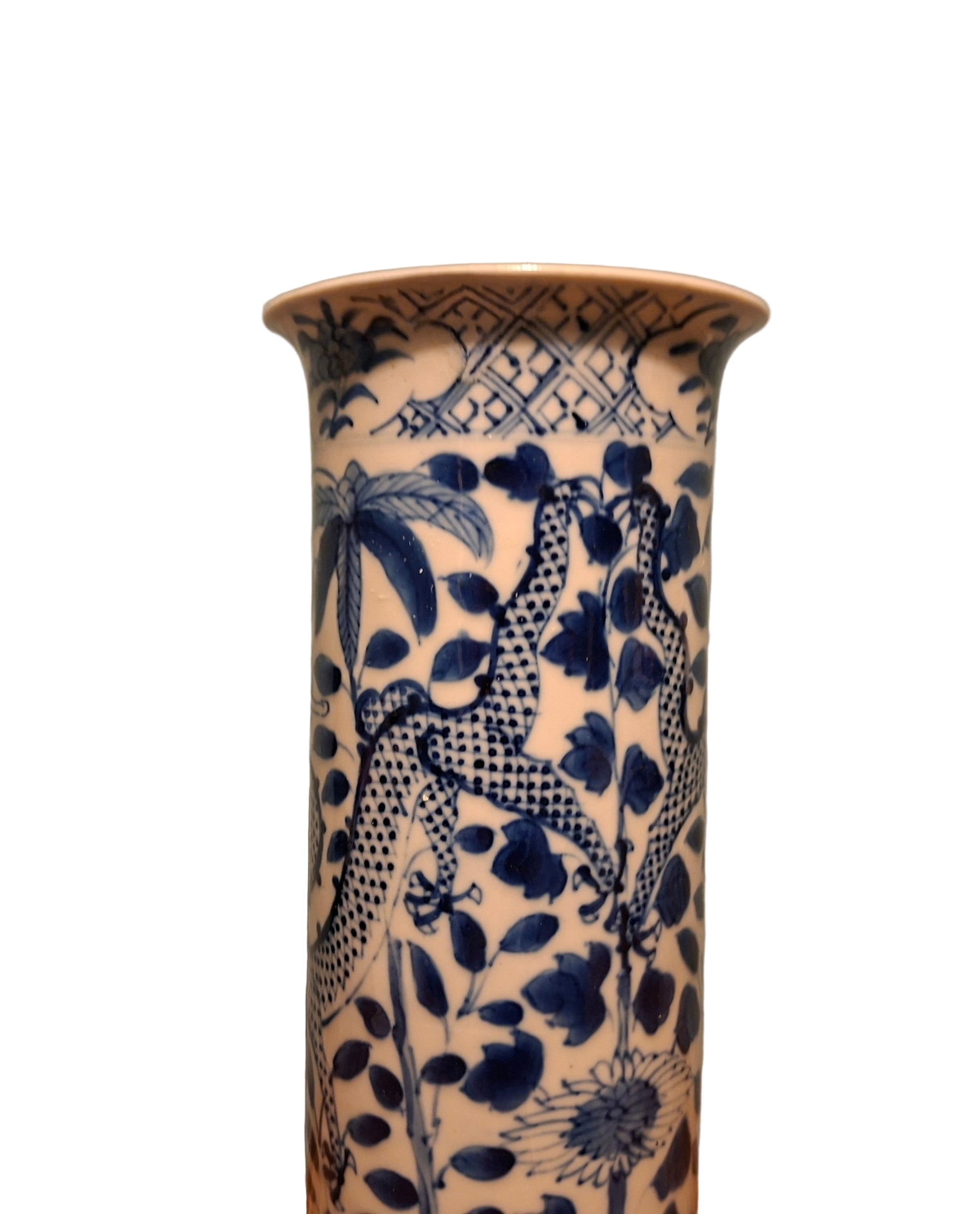 Chinese Qing Dynasty Porcelain Brush Pot With Dragon and Flowers on a grey background 