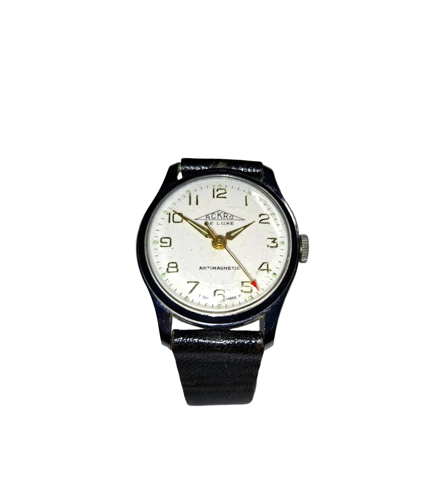 vintage 1960s Swiss Watch with cream dial,  gold hands and numbers with sweeping red tipped seconds hand