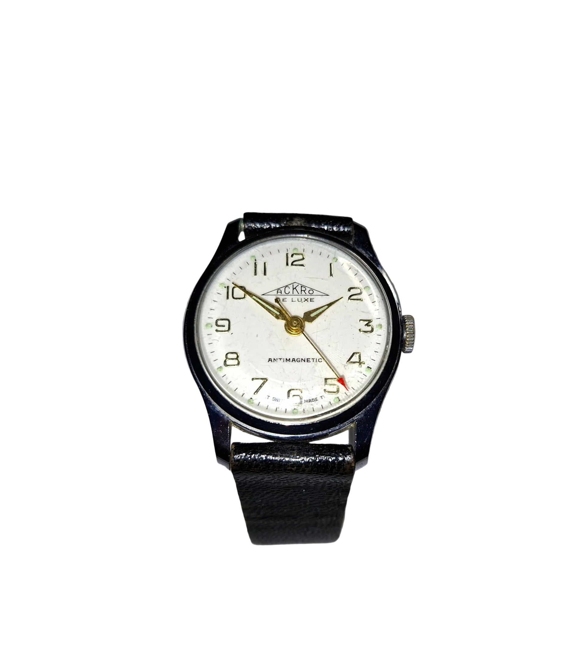 vintage 1960s Swiss Watch with cream dial,  gold hands and numbers with sweeping red tipped seconds hand