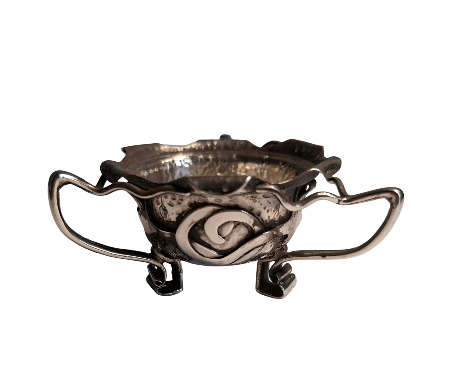 English Sterling Silver three handled Celtic design hammered finish bowl 1902