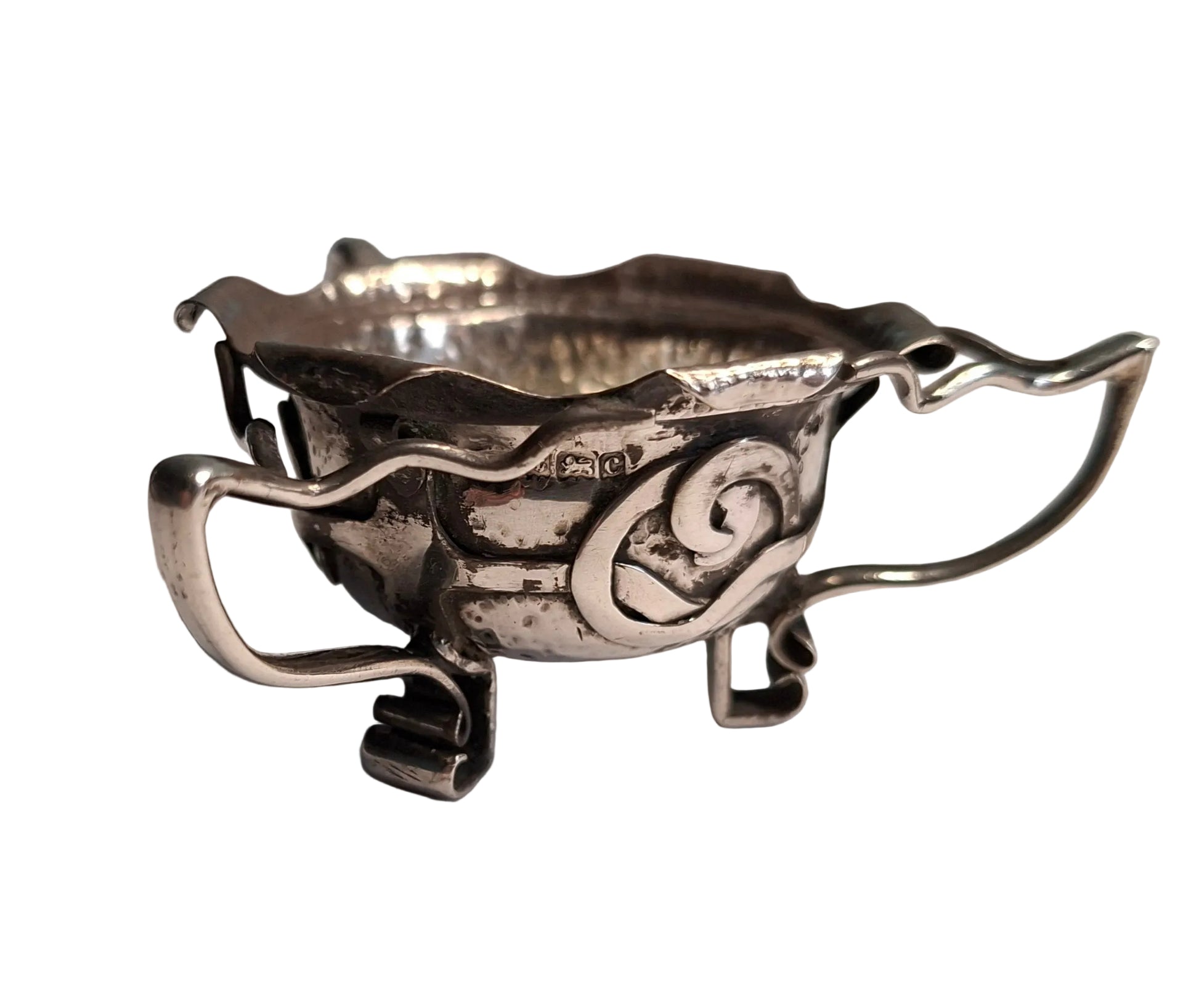 Sterling Silver three handled Irish Celtic design hammered finish bowl 1902