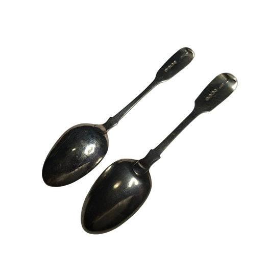 A charming pair of Antique Victorian Silver Spoons, hallmarked London 1845 and 1863. Crafted in solid silver with a combined weight of 41 grams