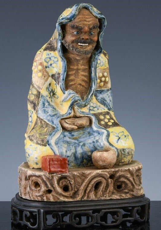 INTERESTING ANTIQUE CHINESE YELLOW BLUE SHIWAN GLAZE BUDDHA IMMORTAL FIGURE BOX