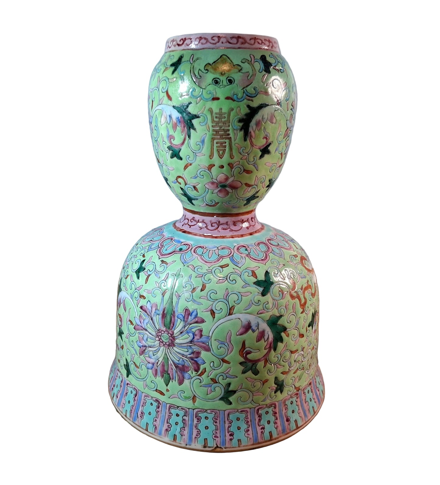 CHINESE 19th century TURQUOISE-GROUND FAMILLE-ROSE DOUBLE-GOURD VASE DEPICTING 'LOTUS'