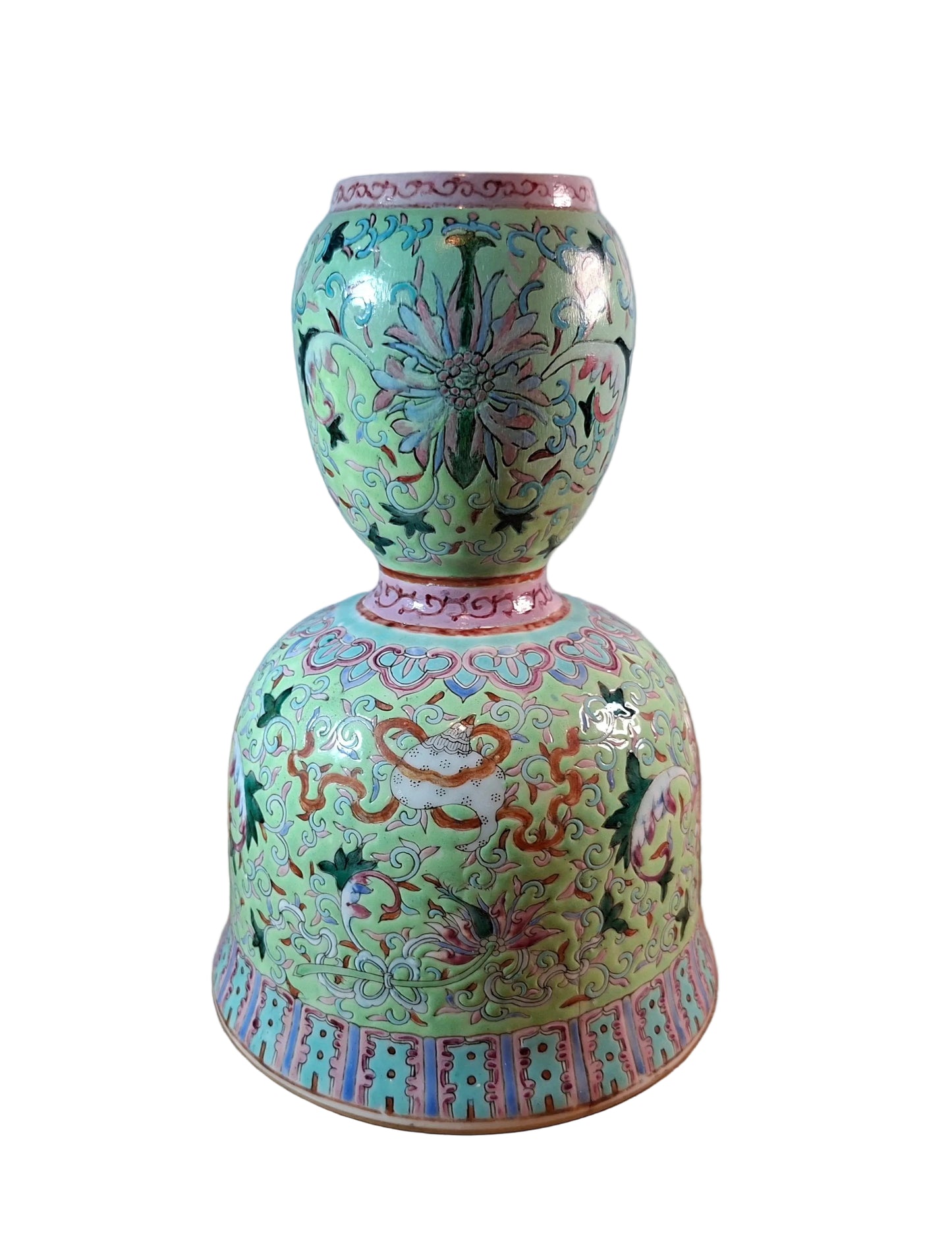 ANTIQUE CHINESE TURQUOISE-GROUND FAMILLE-ROSE GOURD BELL FORM VASE DEPICTING 'LOTUS'