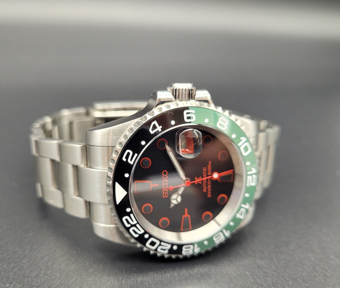 Mens Seiko Watch Mod , Sprite Mods Watches Black / Red Dial Custom Watch