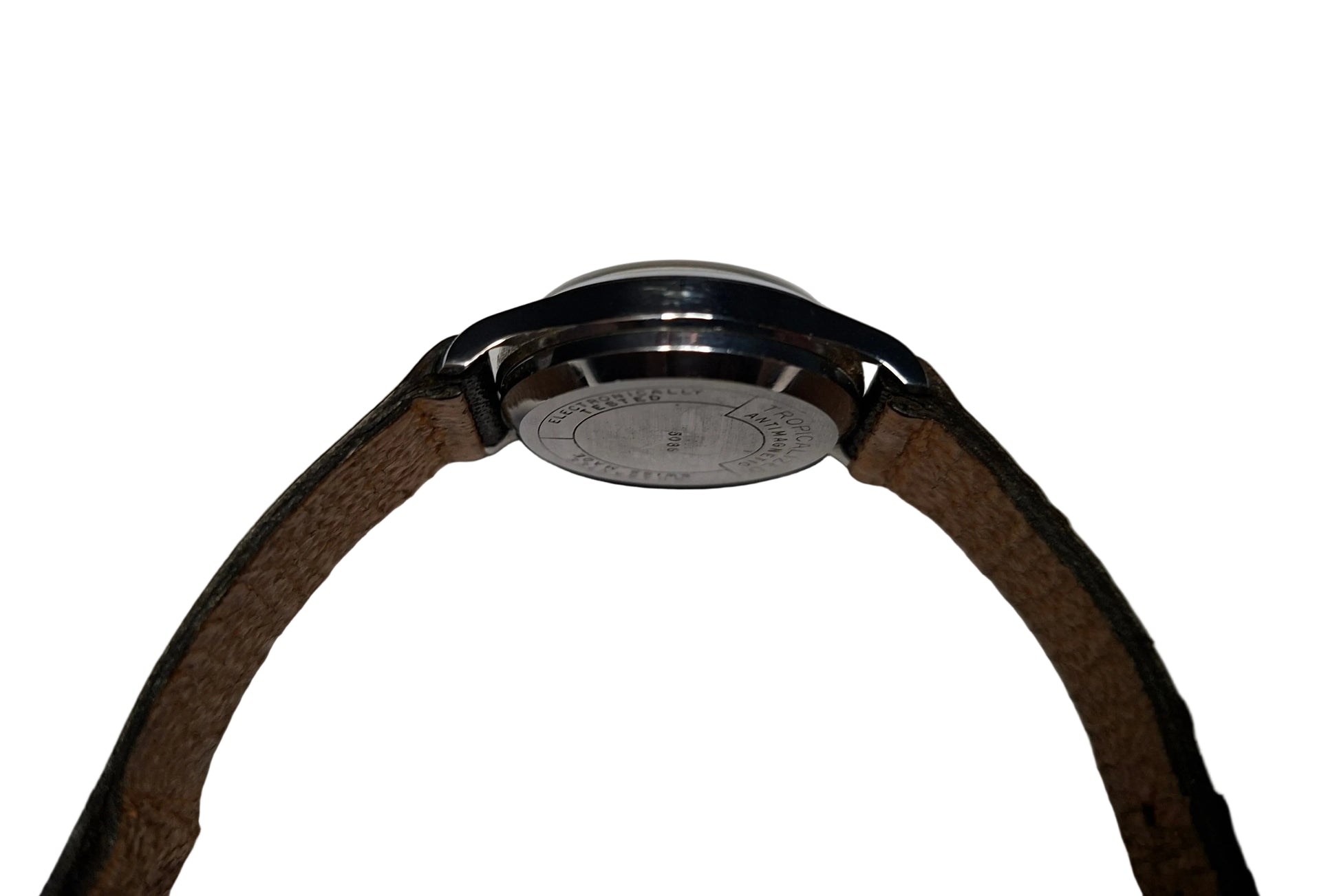 vintage men's Watch with cream dial,  gold hands and numbers with sweeping red tipped seconds hand