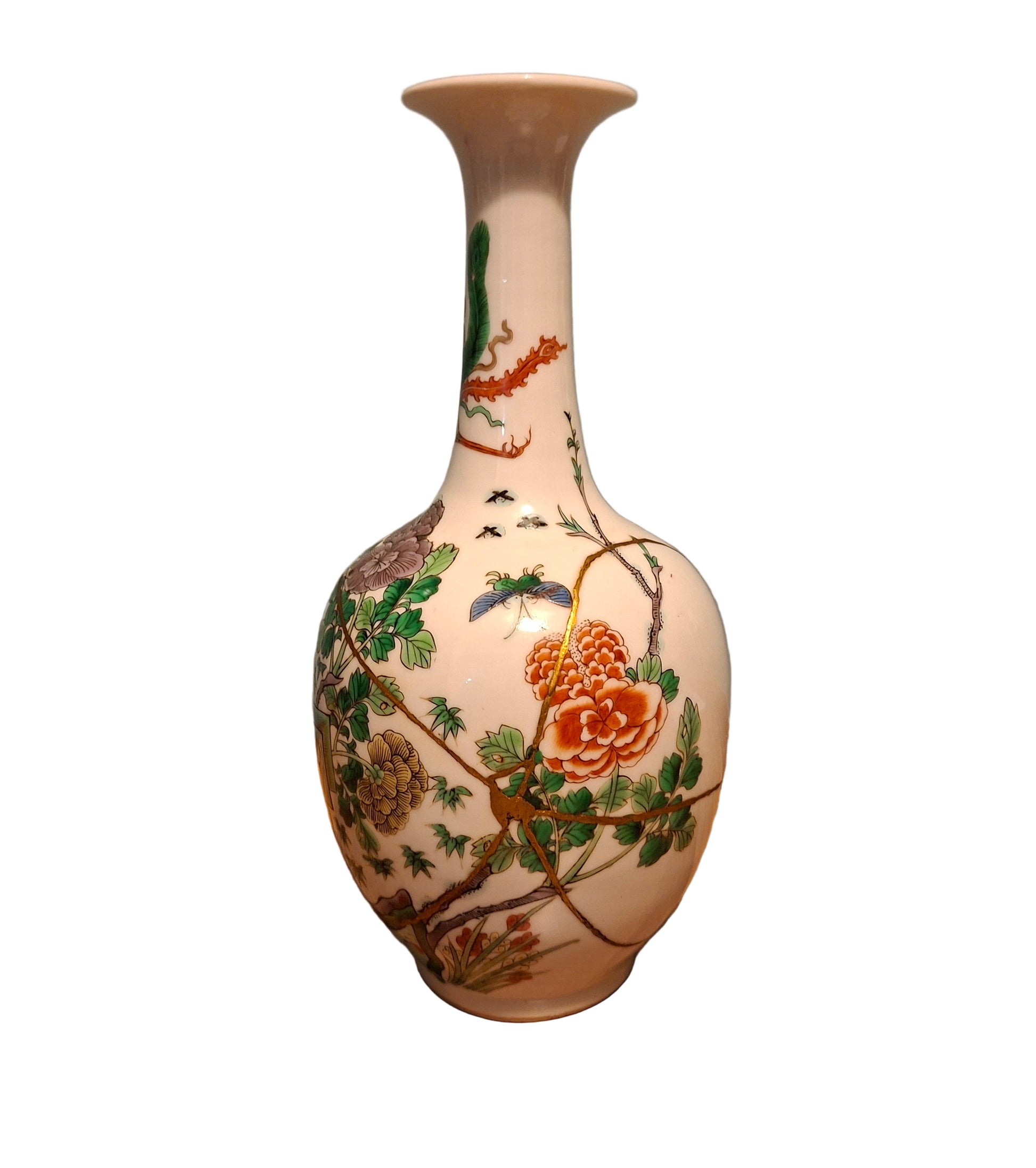 Chinese Antique Late 19th Century famille verte mei ping vase phoenix Pattern, Hand Painted
