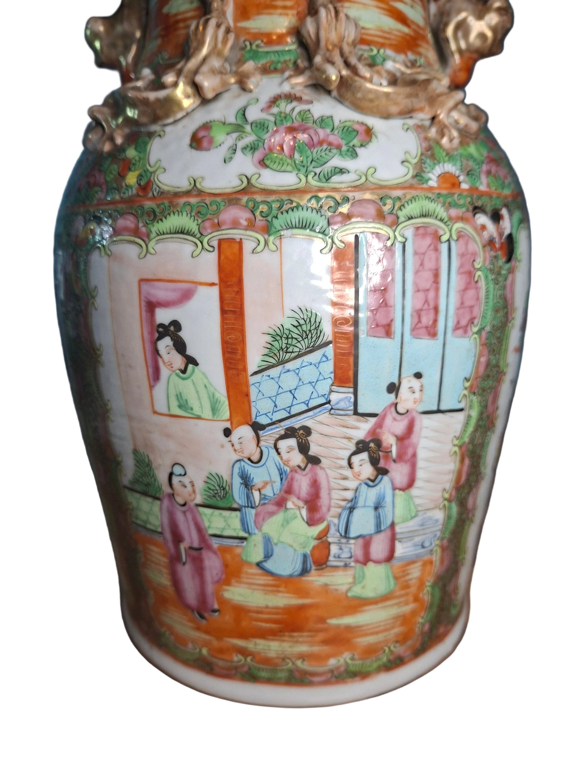 A Cantonese Porcelain Vase, 19th century, painted in famille rose enamels with panels of figures and birds also reffered to as export china