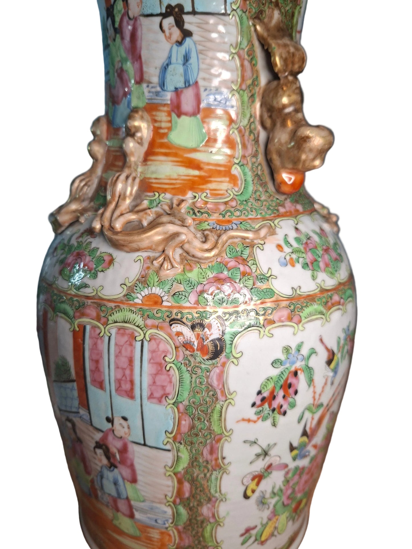 An Antique Chinese Porcelain Vase, 19th century, painted in famille rose enamels with panels of figures and birds