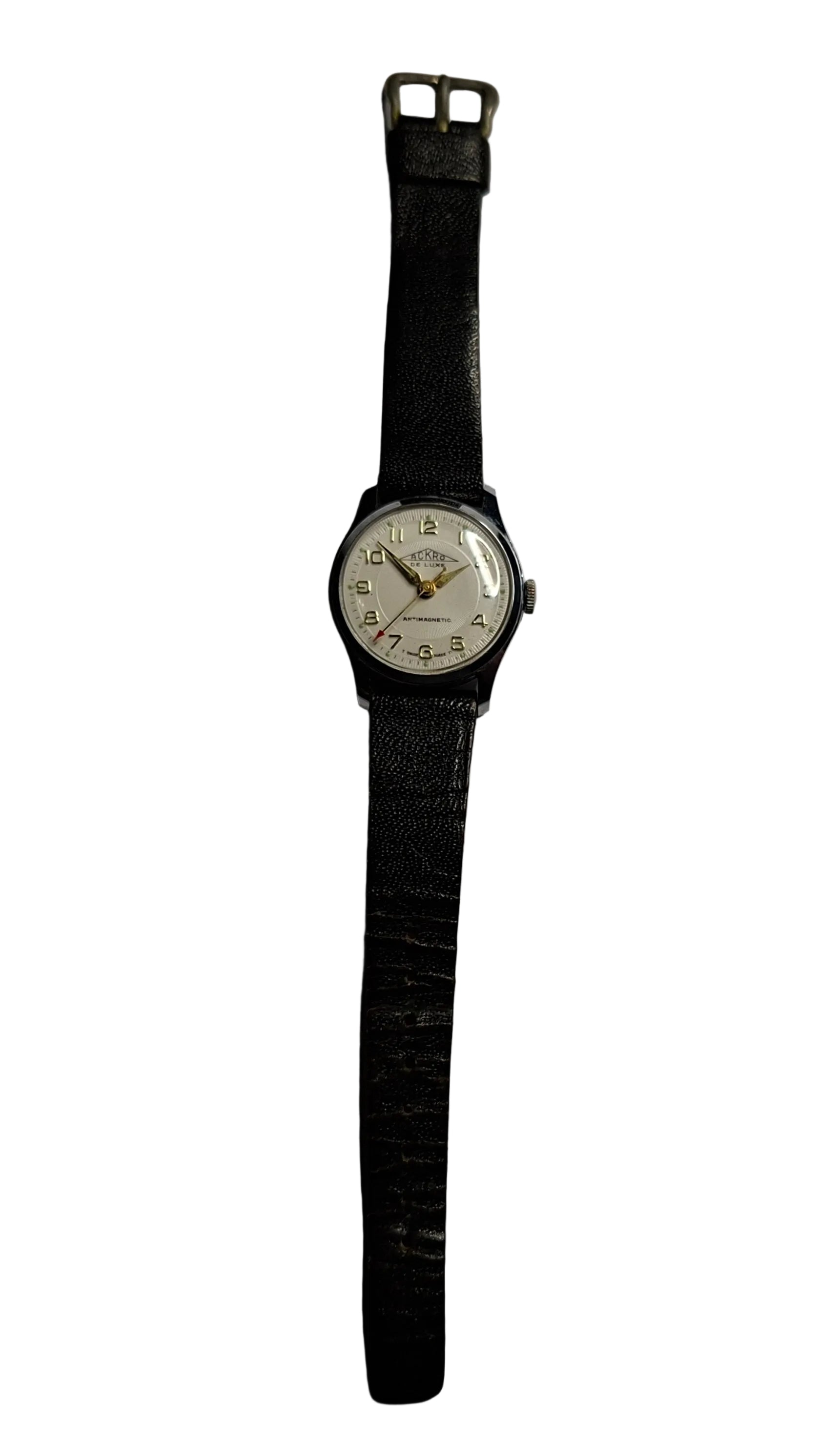 vintage Swiss men's Watch with cream dial,  gold hands and numbers with sweeping red tipped seconds hand