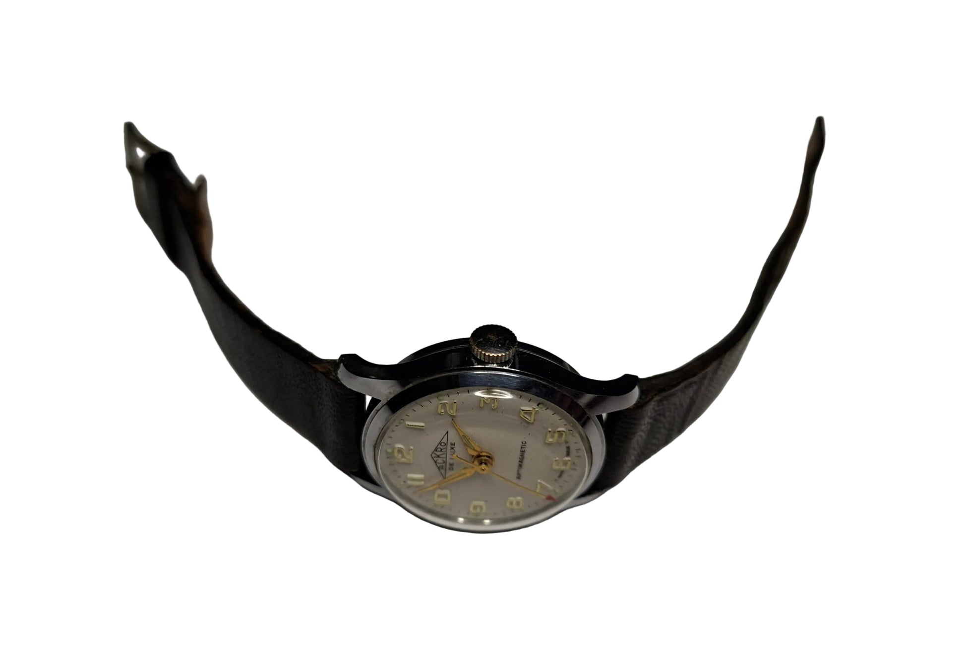 vintage Swiss Watch with cream dial,  gold hands and numbers with sweeping red tipped seconds hand in excellent condition