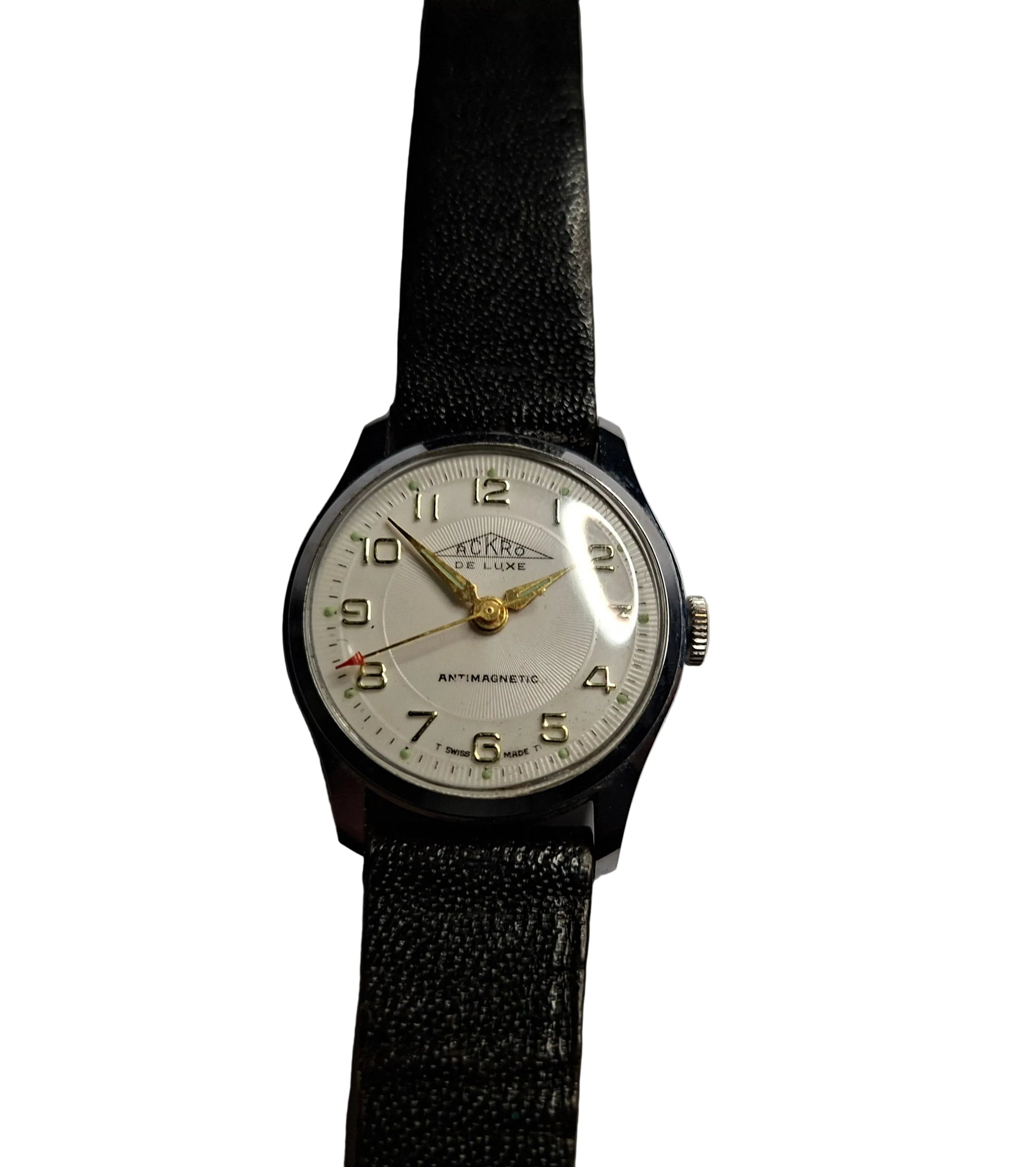 1960s Swiss Watch with cream dial,  gold hands and numbers with sweeping red tipped seconds hand