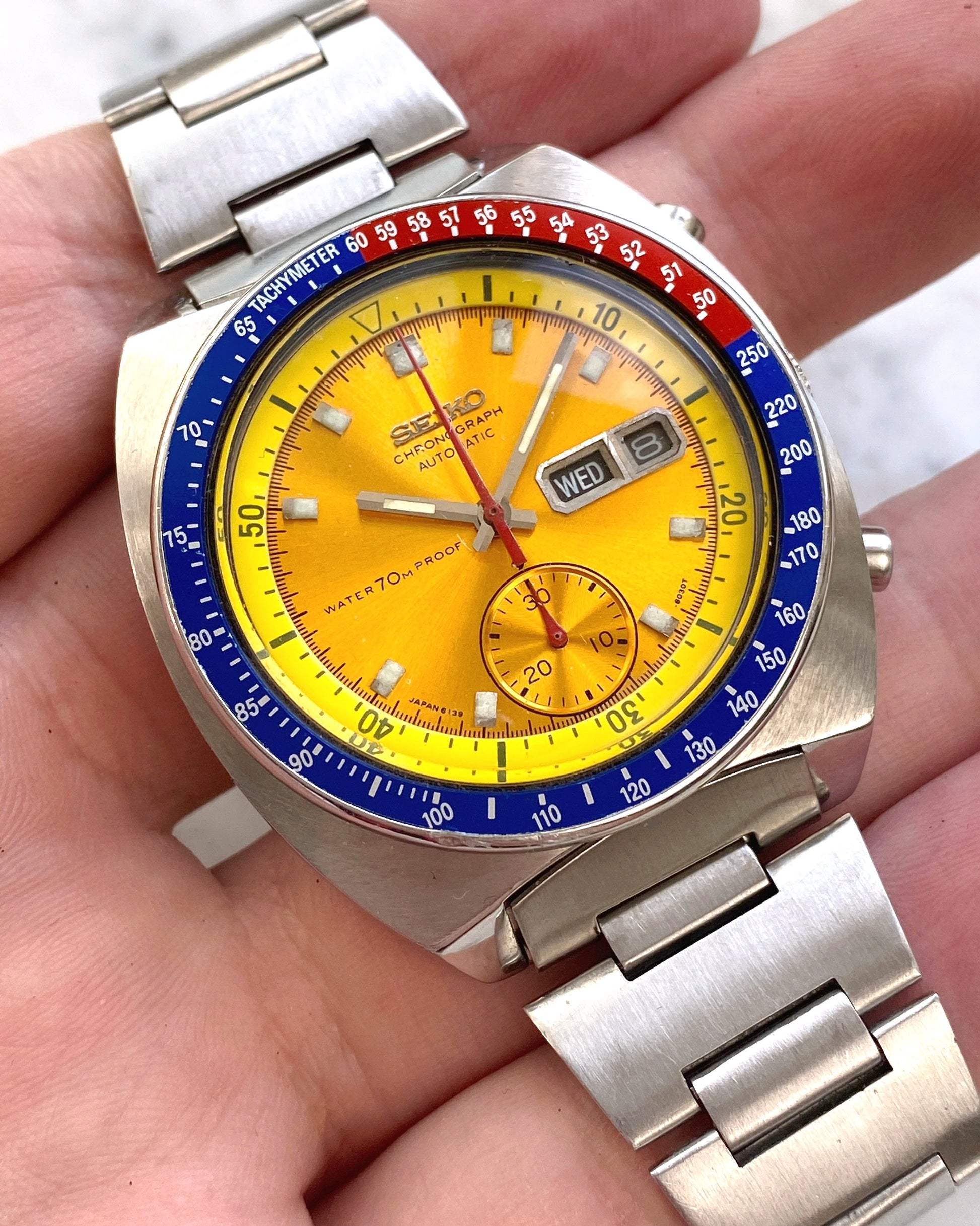 Seiko Pogue Pepsi bezel automatic chronograph watch for sale at K B Antiques 